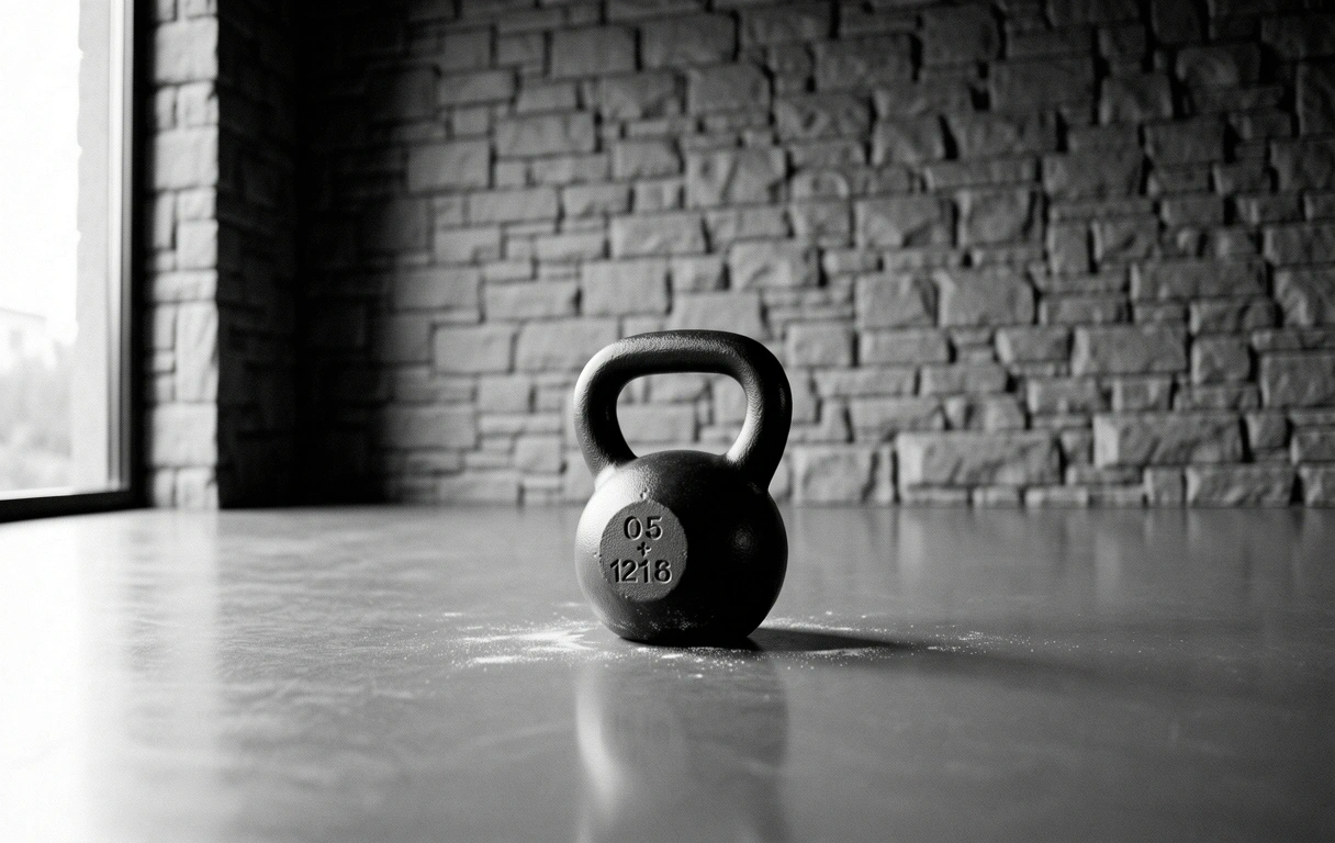Minimalistyczna przestrzeń treningowa z żeliwnym odważnikiem kettlebell na kamiennej posadzce