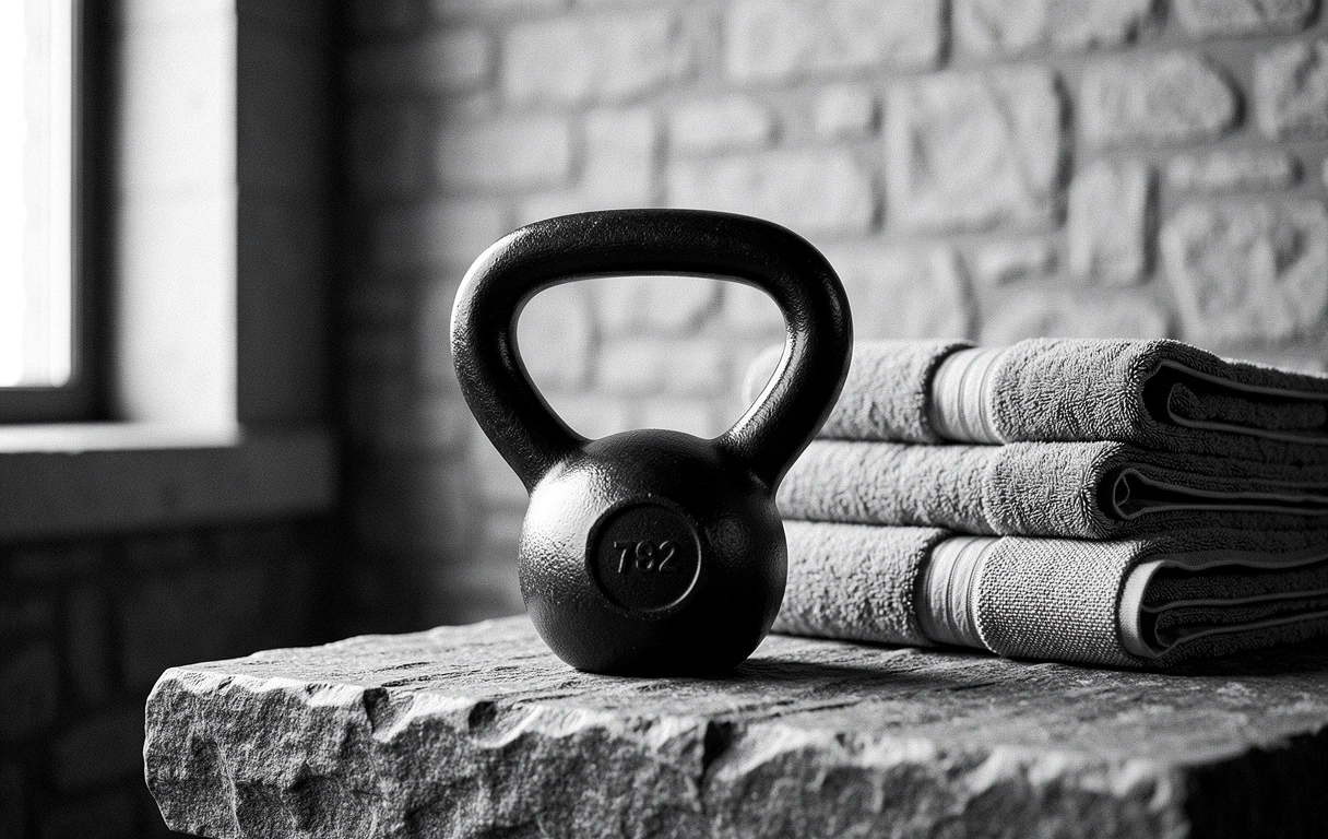 Minimalistyczna przestrzeń treningowa z ciężkim odważnikiem kettlebell na kamiennej podłodze